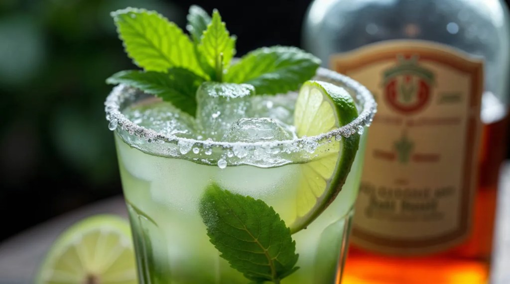 Nahaufnahme eines erfrischenden Mojito-Cocktails, garniert mit frischer Minze und Limette, Salzrand und Eis, mit einer Flasche Rum im Hintergrund