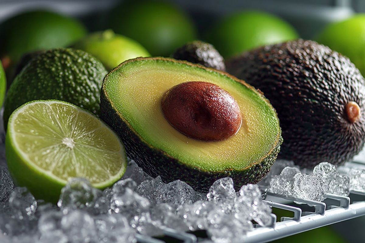 Eine aufgeschnittene Avocado im Eisfach.