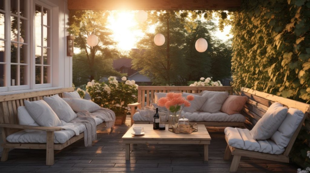 Gemütlicher Balkon zum Sonnenuntergang mit skandinavischen Möbeln.