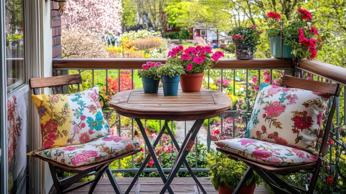Ein blumig und farbenfroh eingerichteter Balkon mit Möbeln und Pflanzen.