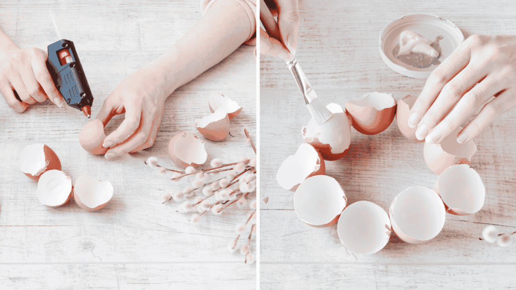 Basteln im Frühling mit Eierschalen und Naturmaterialien einen Osterkranz werkeln.