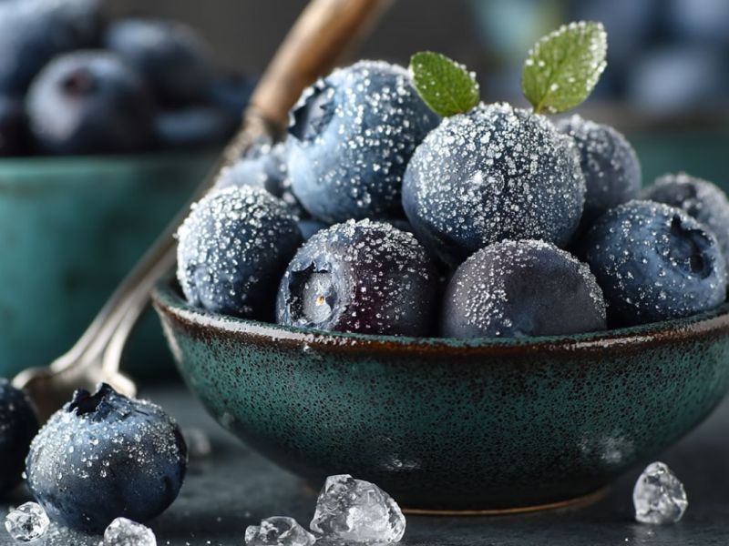 Eine Schale eingefrorene Blaubeeren.