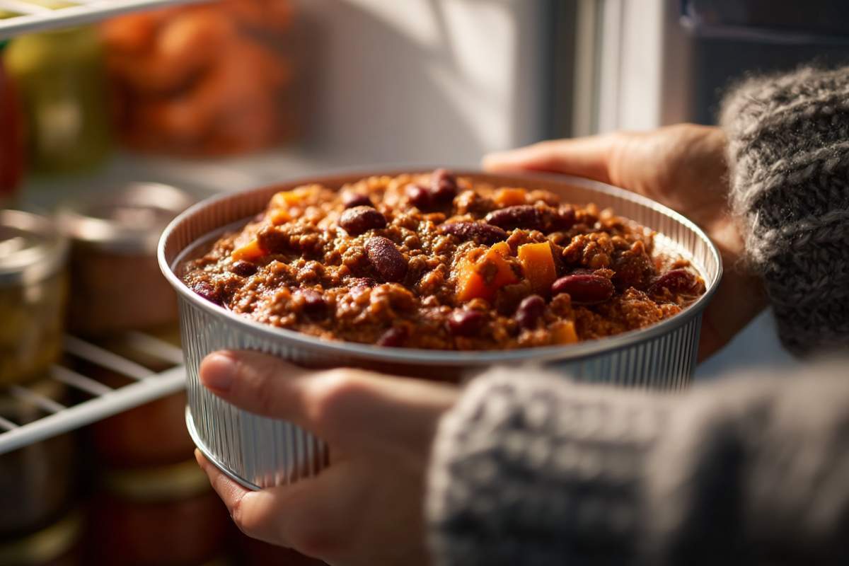 Ein Mensch stellt eine Schüssel mit Chili con Carne in den Kühlschrank.