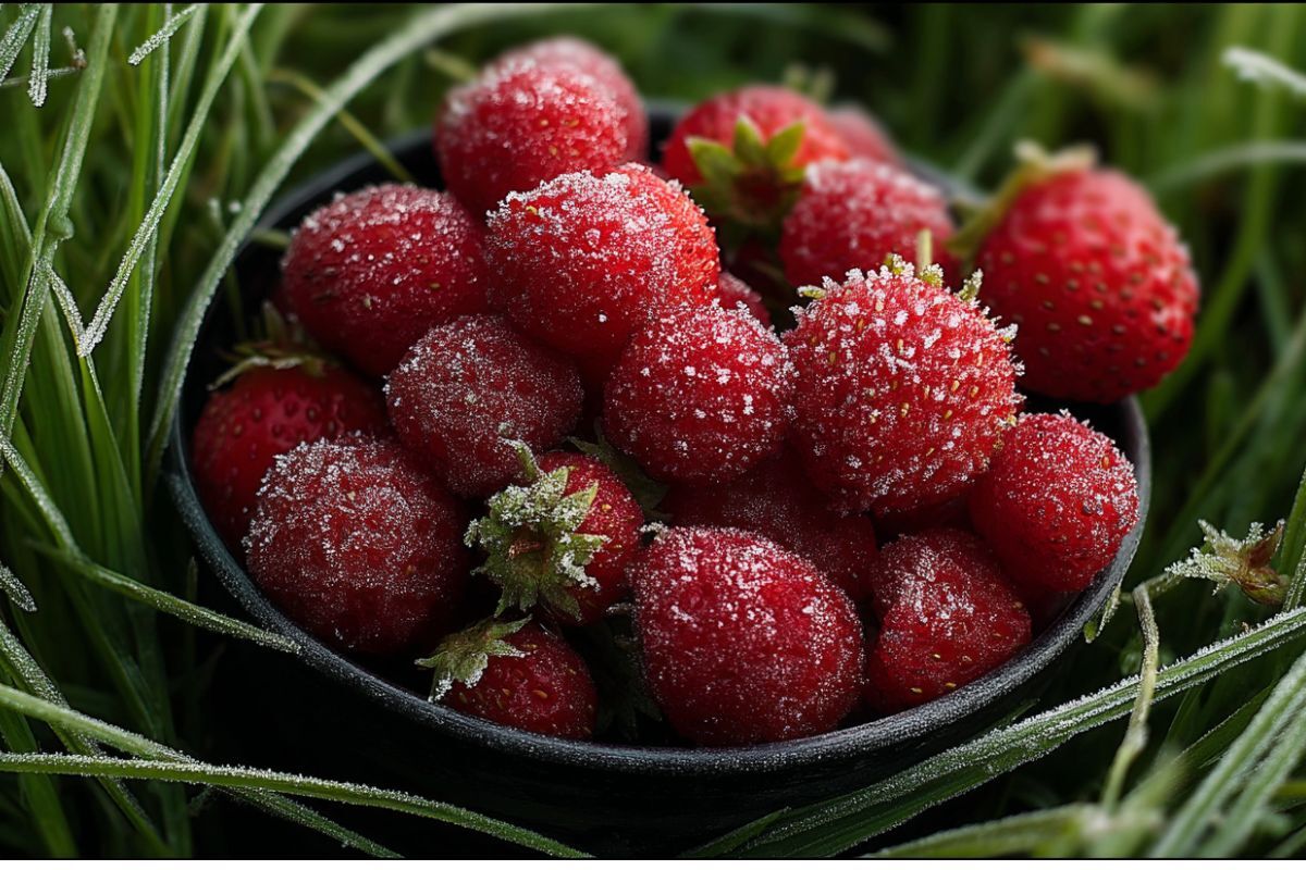 Eine Schüssel gefrorene Erdbeeren steht im Gras.