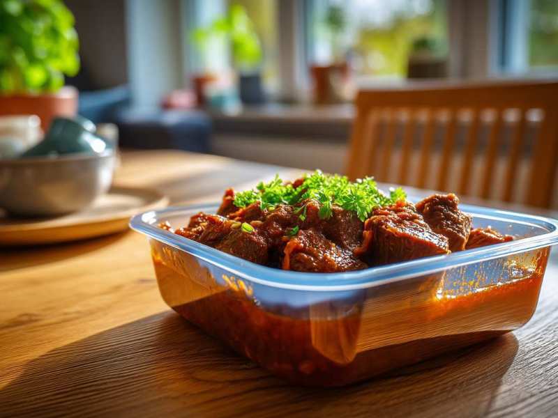 Eine Portion Gulasch steht auf dem Küchentisch.