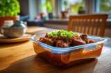 Eine Portion Gulasch steht auf dem Küchentisch.