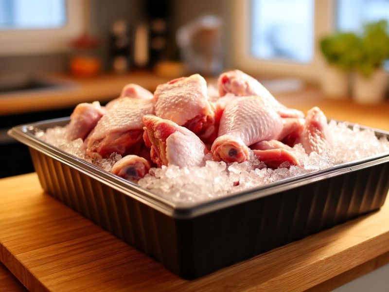 Eine Plastikschale mit Hähnchenfleisch und Eis