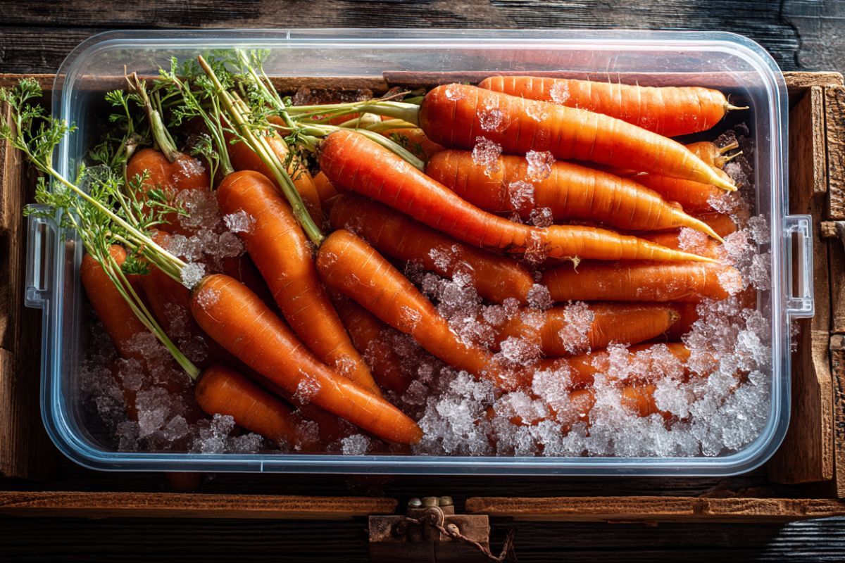 Ein Bund Karotten liegt in einer Glasschale zusammen mit Eiswürfeln.