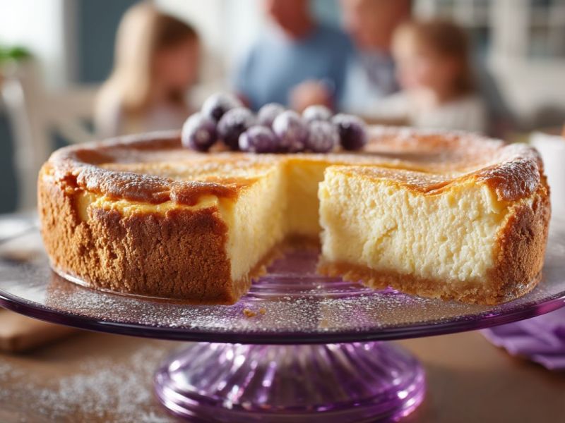 Ein gefrorenes Stück Käsekuchen steht auf einer Glasanrichte.