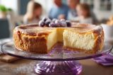 Ein gefrorenes Stück Käsekuchen steht auf einer Glasanrichte.