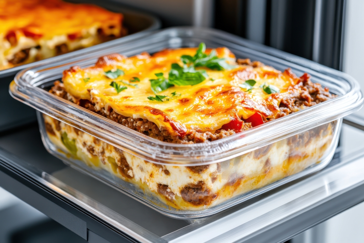 Eine frische Portion Lasagne liegt in einem Glasbehälter.