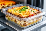 Eine frische Portion Lasagne liegt in einem Glasbehälter.