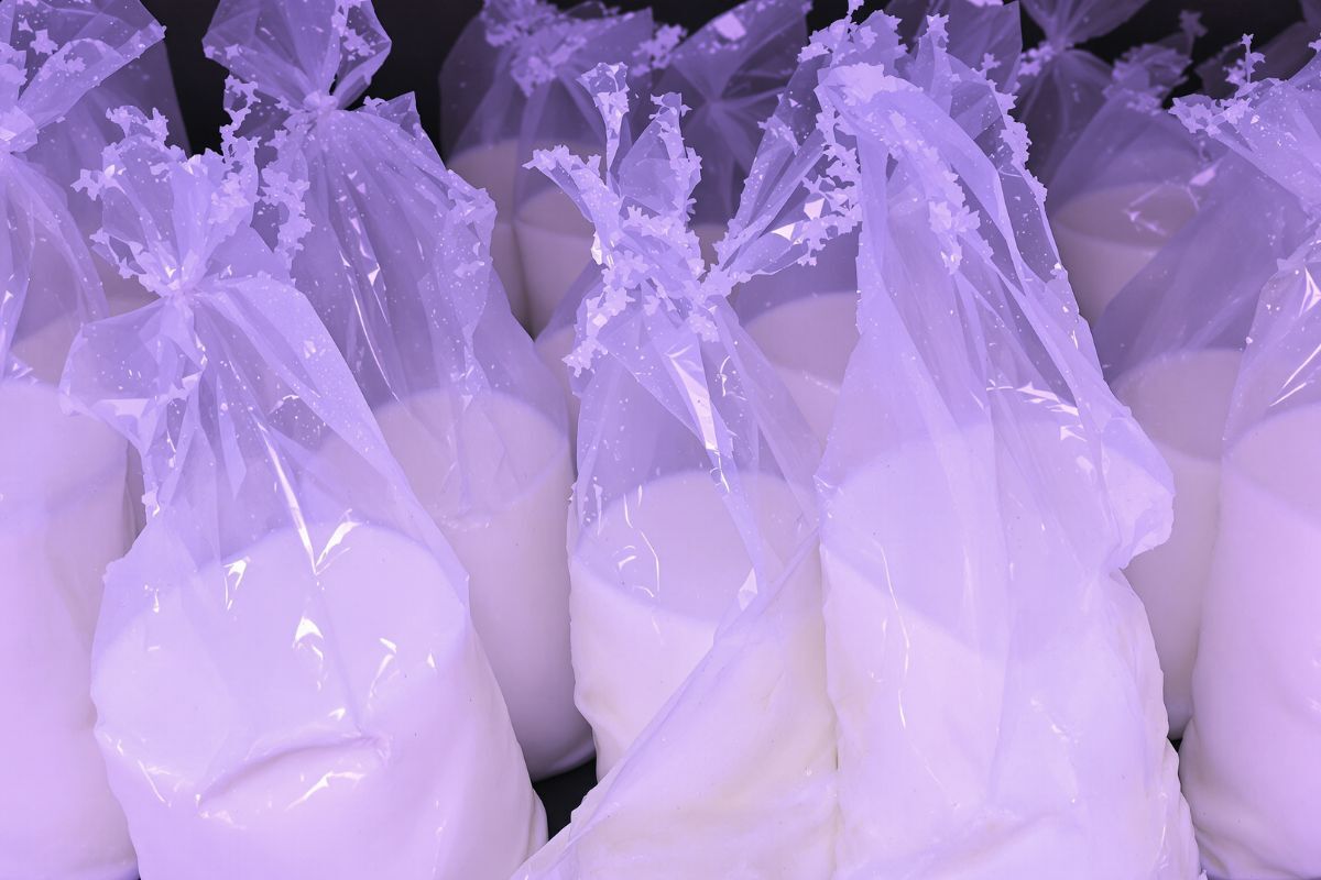 Einige stehende Plastiktüten mit Milch.
