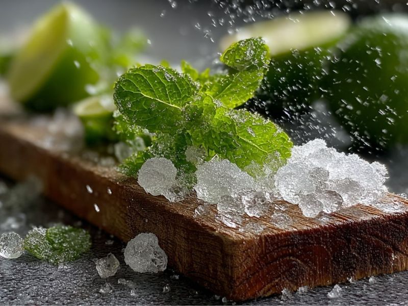 Frische Minze und Eisbrocken liegen auf einem Holzbrett.