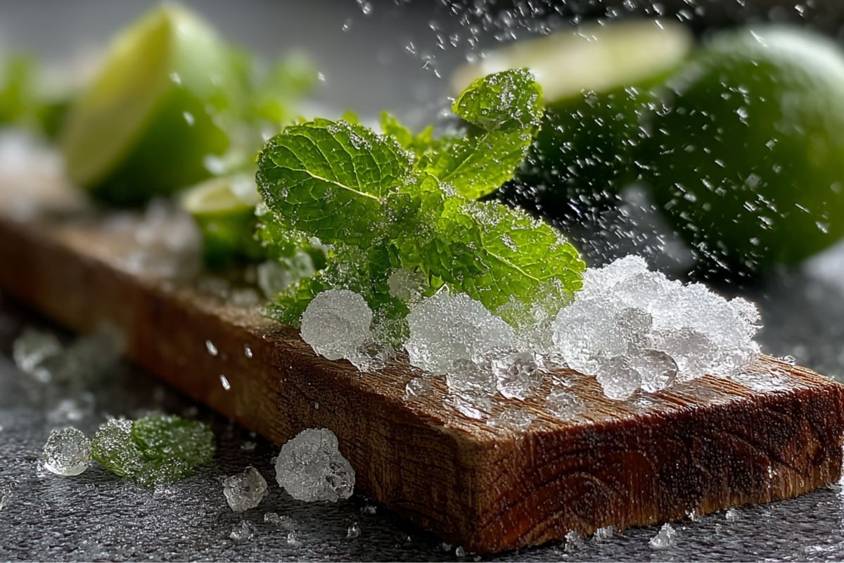 Frische Minze und Eisbrocken liegen auf einem Holzbrett.