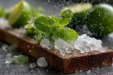 Frische Minze und Eisbrocken liegen auf einem Holzbrett.