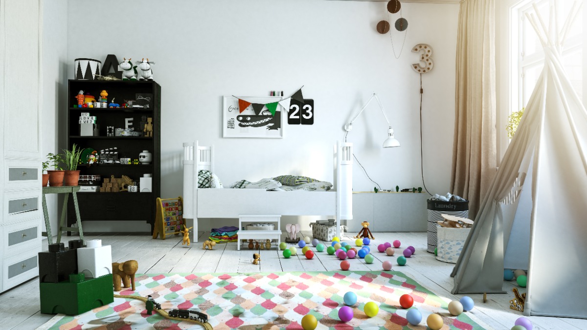 Chaotisches Kinderzimmer mit vielen Spielsachen