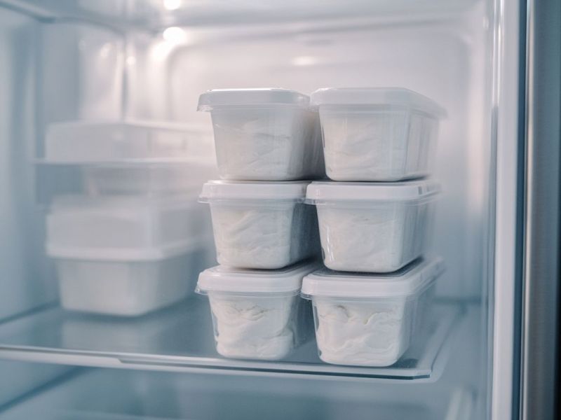 Einige Plastikgebhälter mit Quark im Tiefkühlfach.