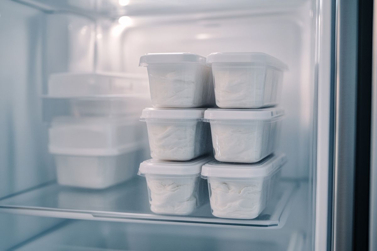 Einige Plastikgebhälter mit Quark im Tiefkühlfach.