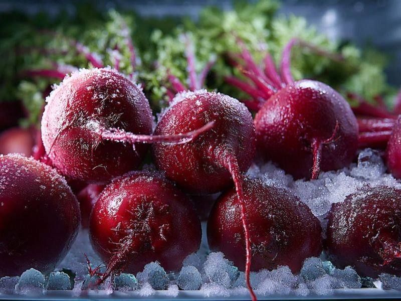 Gefrorene rote Beete im Tiefkühlfach.