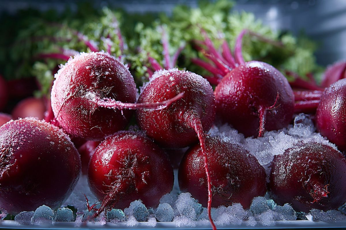 Gefrorene rote Beete im Tiefkühlfach.