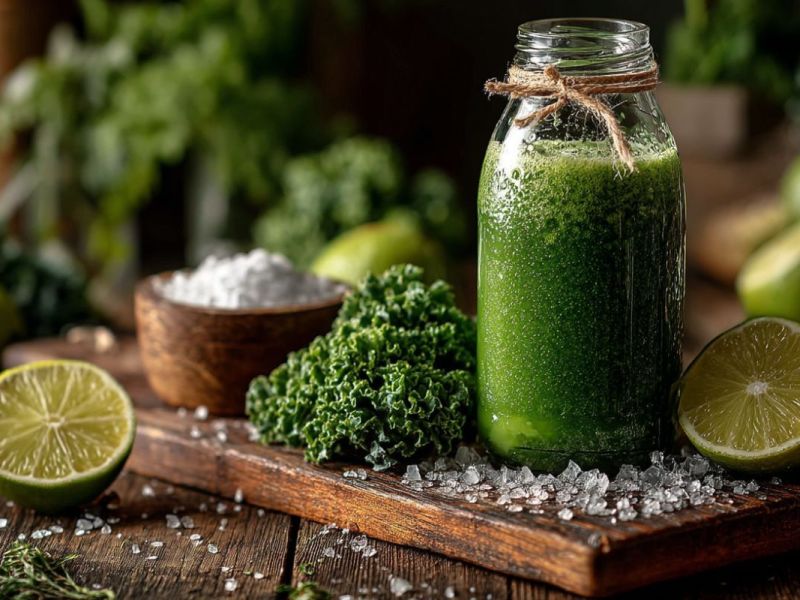 Ein grüner Smoothie steht auf dem Tisch.