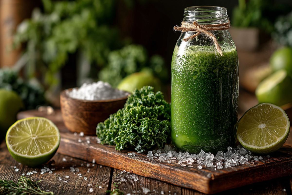 Ein grüner Smoothie steht auf dem Tisch.