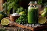 Ein grüner Smoothie steht auf dem Tisch.