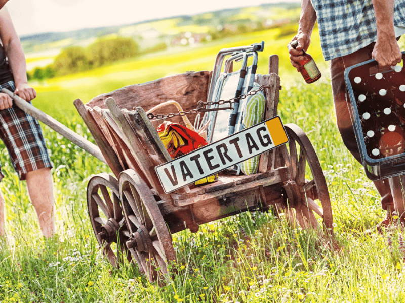 Vatertag, Männer mit Bier und Bollerwagen auf der Wiese