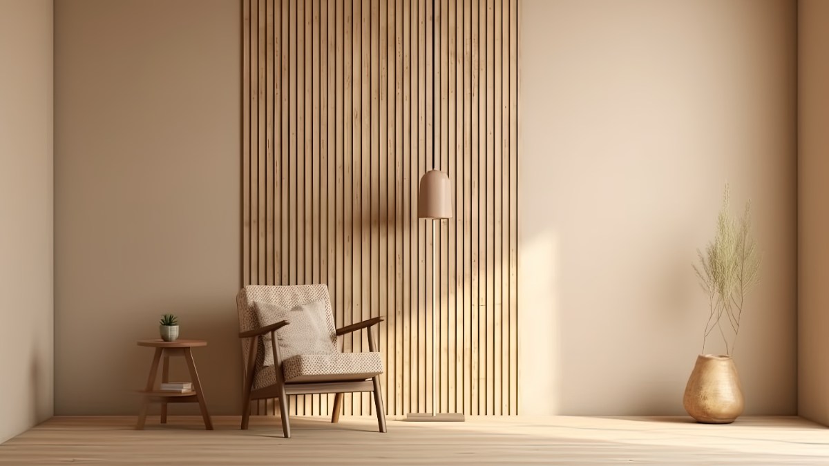 Ein Wohnzimmer mit Paneelen aus Holz.