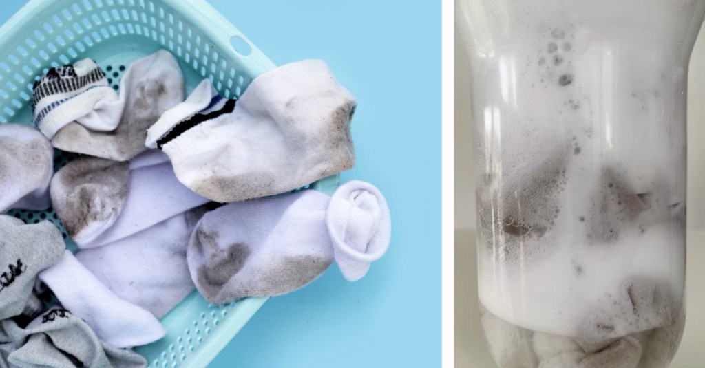 links auf dem Bild sind schmutzige, weiße Socken, rechts sieht man die Sockenbombe, die die Strümpfe wieder sauber waschen soll