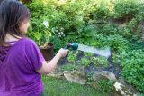 Eine Frau gießt ihren Garten mit einem Gartenschlauch.