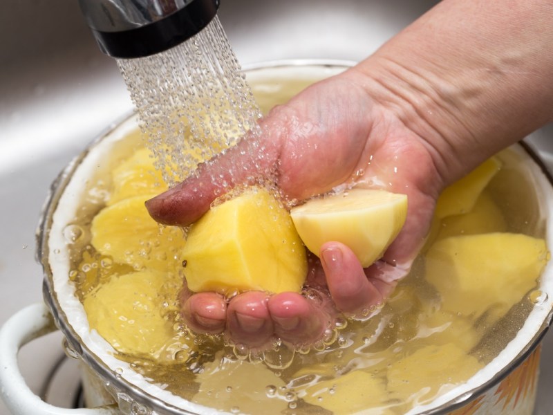 Gekochte Kartoffeln werden in einem Topf mit kaltem Wasser abgeschreckt.