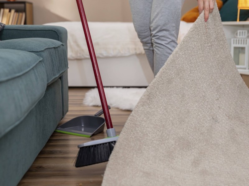 Eine Person reinigt aktiv ein Wohnzimmer, indem sie einen Teppich anhebt und den gesamten Raum aufräumt.