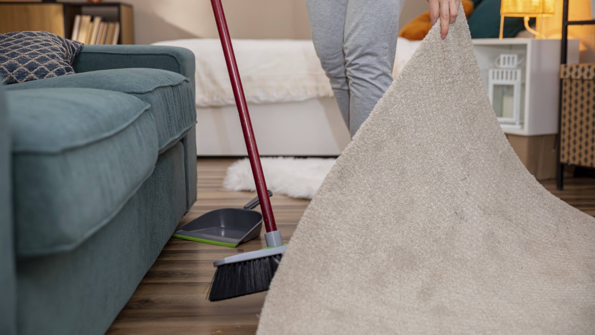 Eine Person reinigt aktiv ein Wohnzimmer, indem sie einen Teppich anhebt und den gesamten Raum aufräumt.