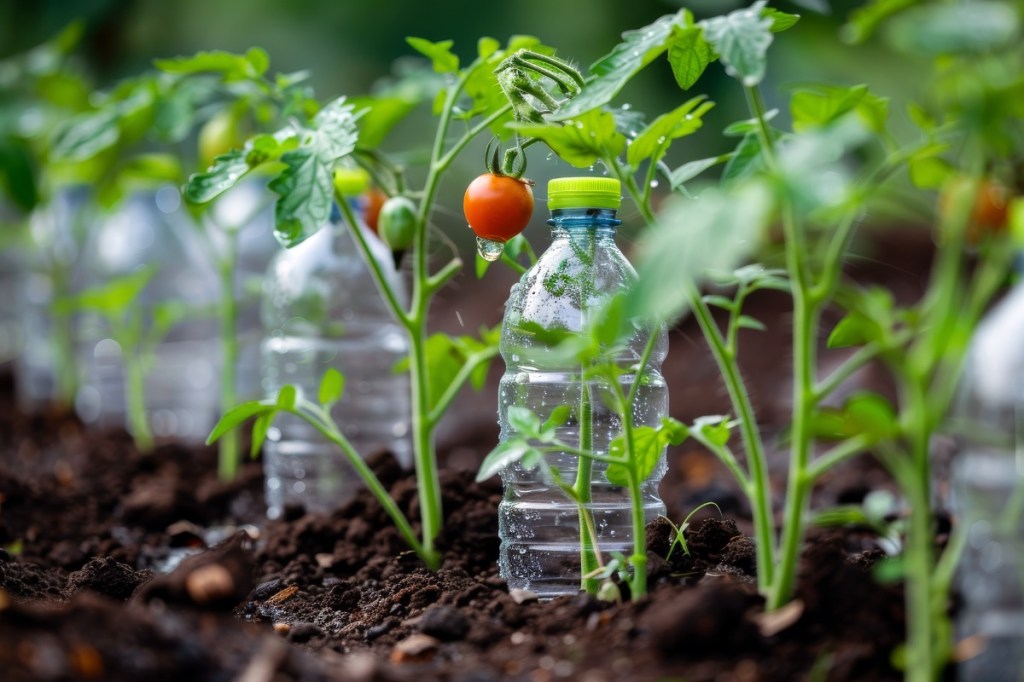Ein Bewässerungssystem aus Plastikflaschen steckt in einem Beet, um Tomaten zu gießen.
