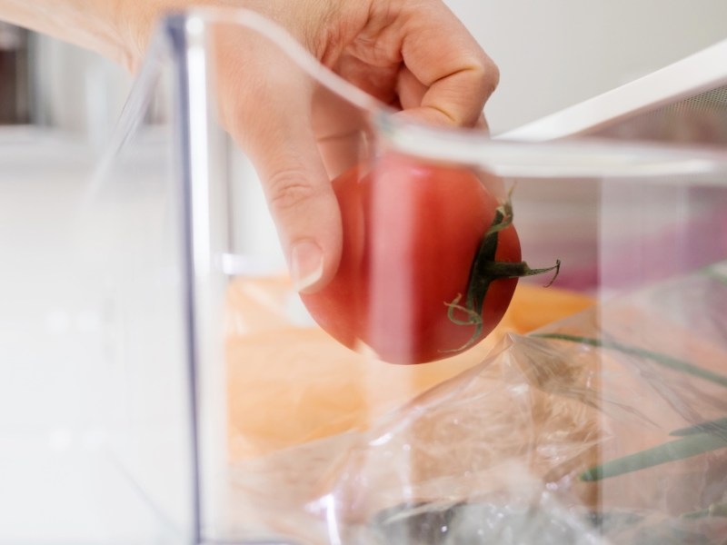 Tomaten werden zum Lagern in ein Kühlfach in einen Kühlschrank gelegt.