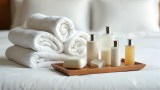 Shampoos, Spülungen und Handtücher auf einem Hotelbett