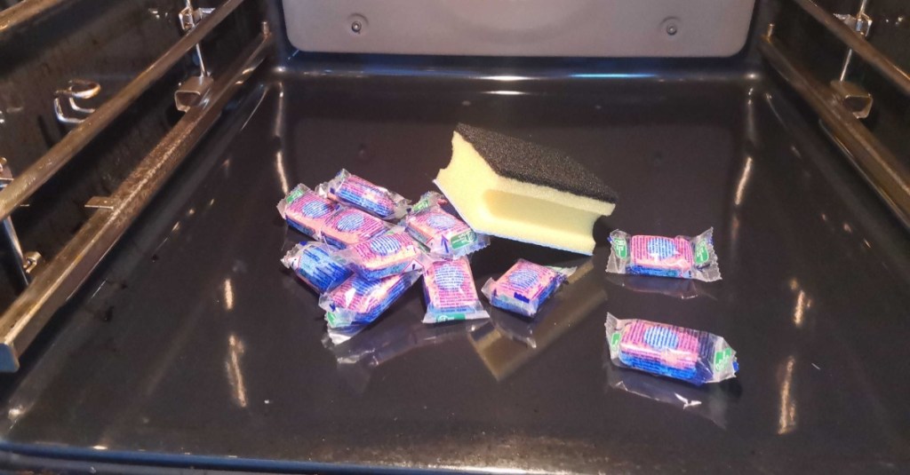 in einem Backofen liegen Spülmaschinentabs und ein Schwamm