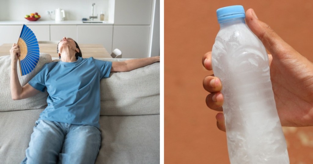 eine Frau schwitzt in ihrer Wohnung und eine Plastikflasche mit Wasser ist wurde eingefroren