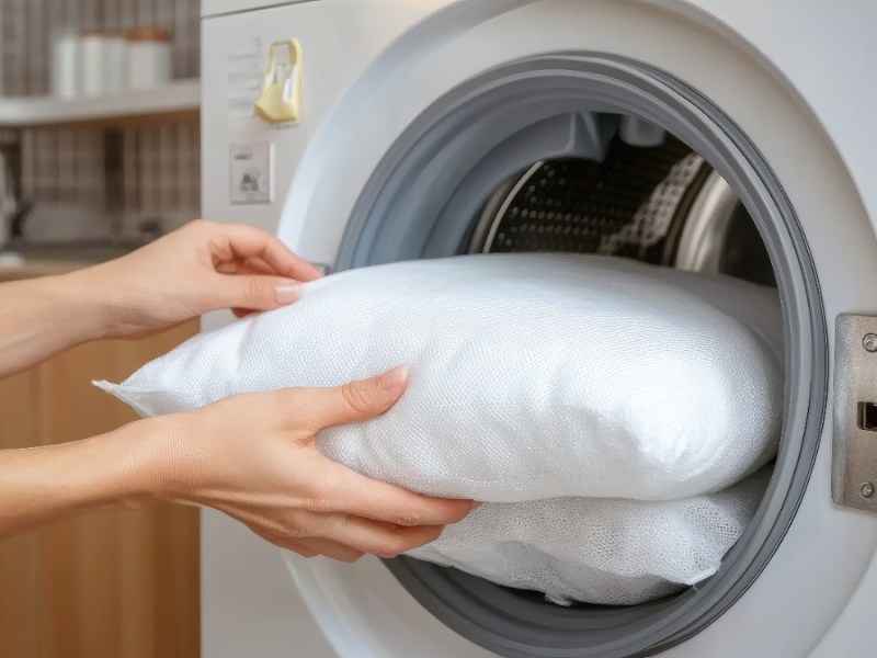 Ein Sofakissen wird in eine Waschmaschine gesteckt.