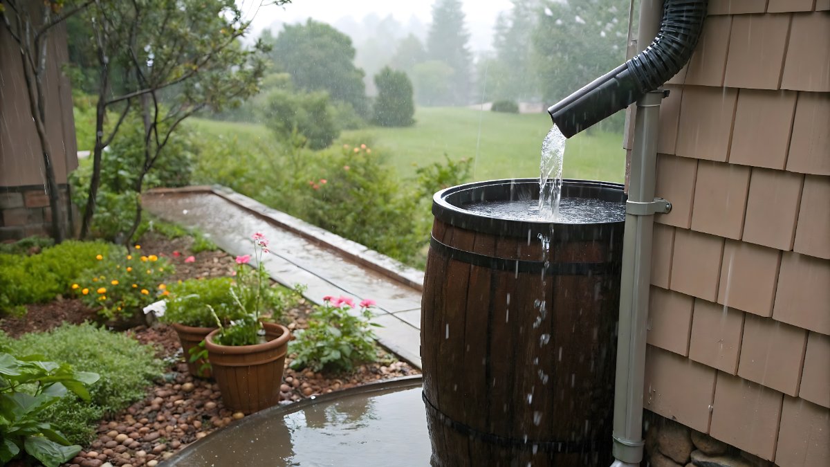 Ein Garten bei starkem Regen.