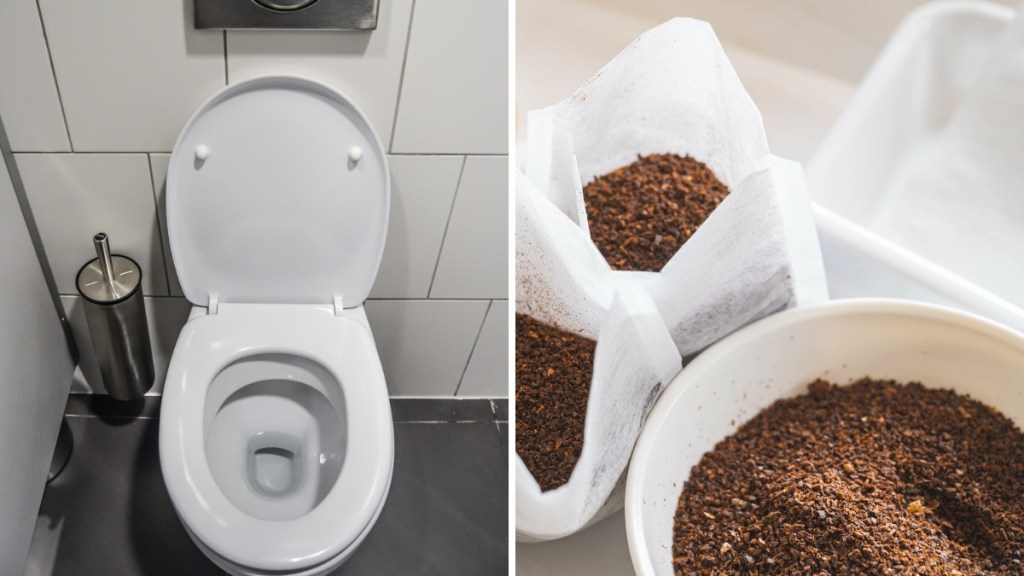 links ist eine Toilette zu sehen, rechts Kaffeesatz in Kaffeefiltern