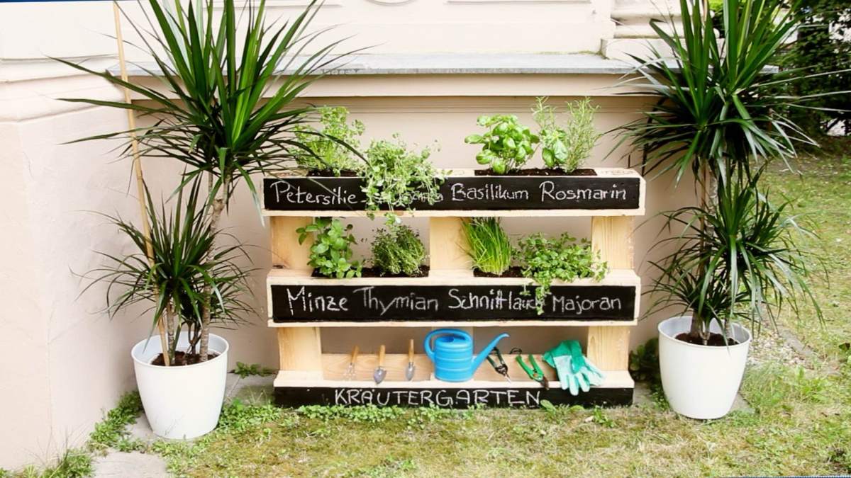 Ein DIY-Kräutergarten, der aus einer Palette gebaut wurde.