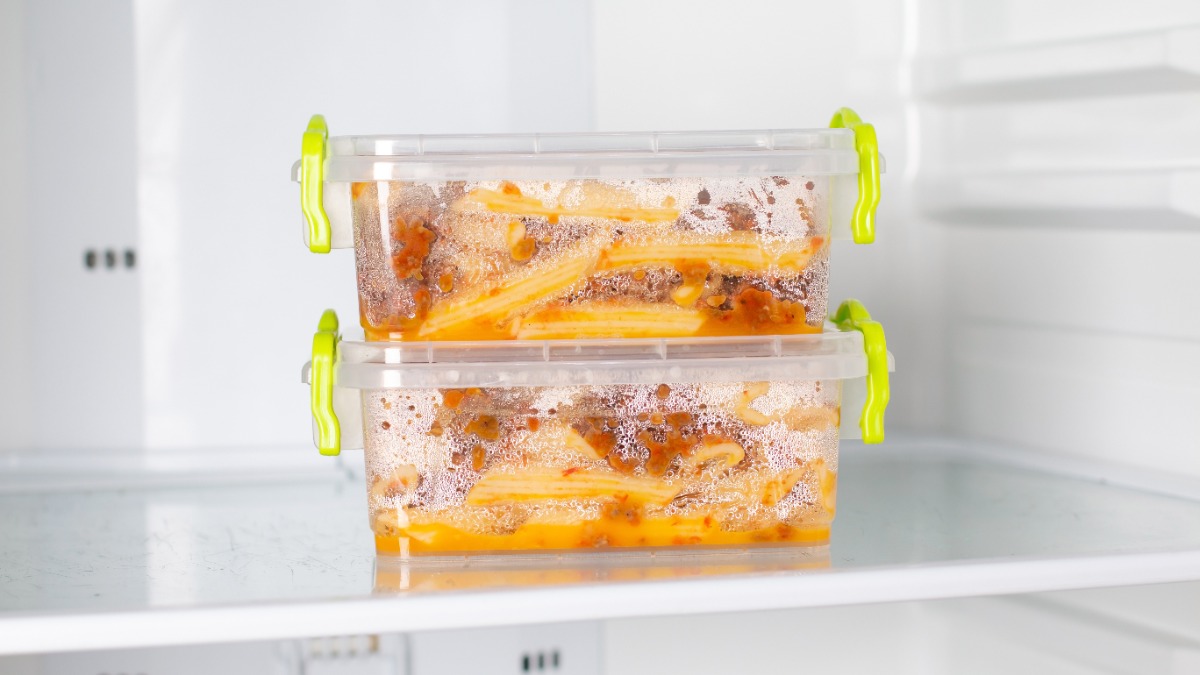 in einem Kühlschrank stehen Nudeln in durchsichtigen Aufbewahrungsboxen