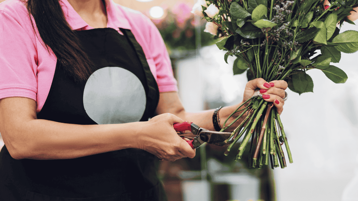 schnittblumen frisch halten, Frau mit Schürze schneidet Blumenstiele an